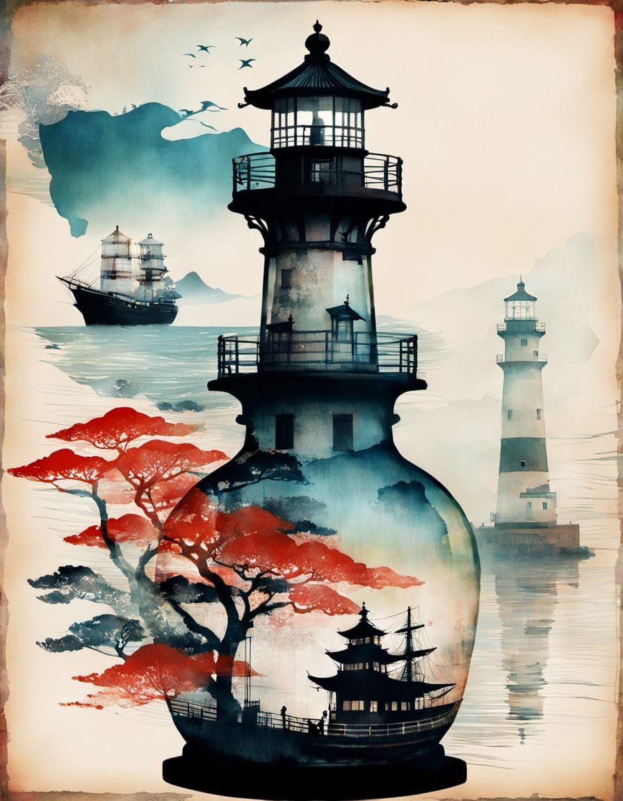 Double Exposure: Geisha, Lighthouse, Ship in Bottle