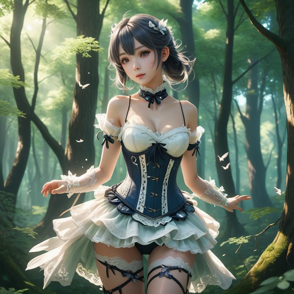 Anime Fairy in Woods with Lace Corset