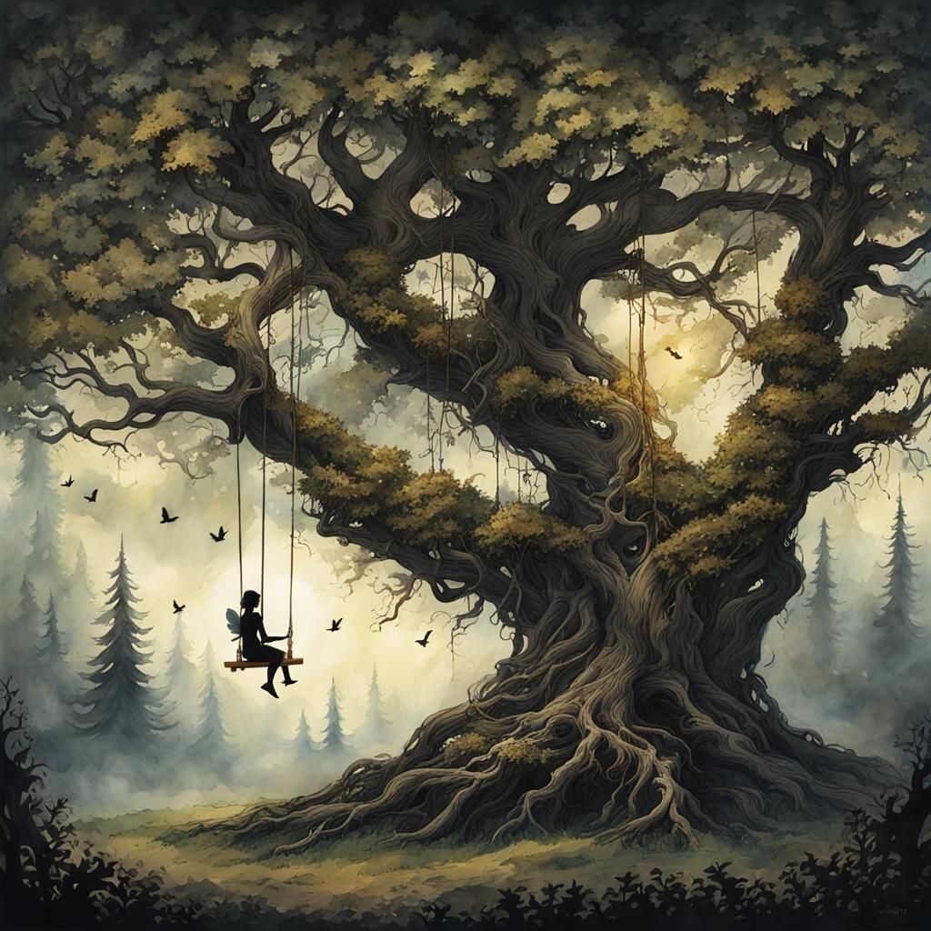 Fairy on Forest Swing: Watercolor and Ink Art