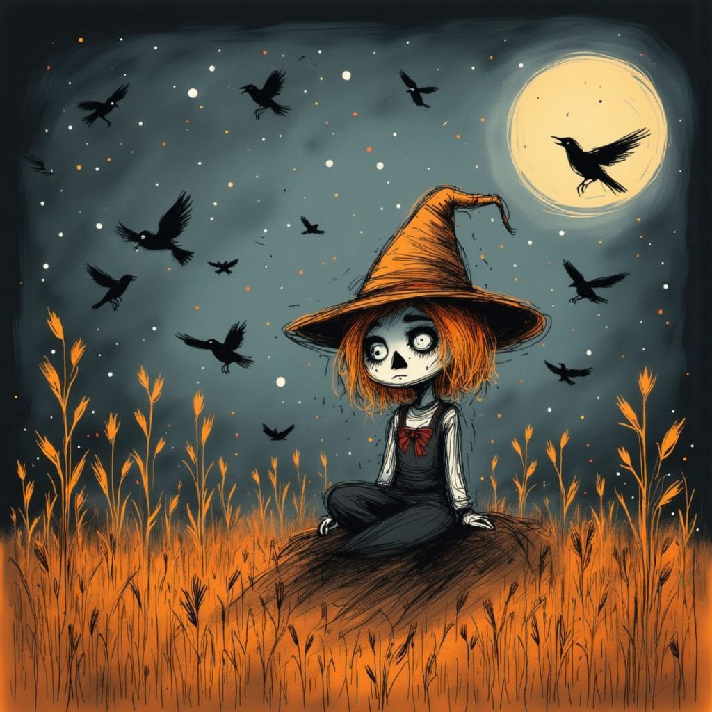 Sad Chibi Scarecrow Crying in Wheat Field