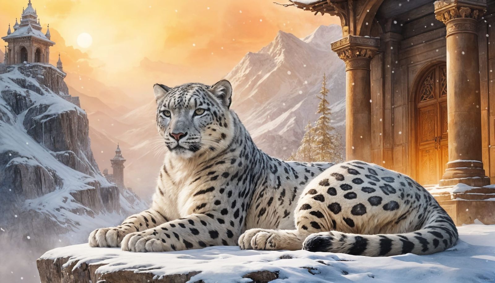 Snow Goddess and Snow Leopard in Watercolor Fantasy Temple