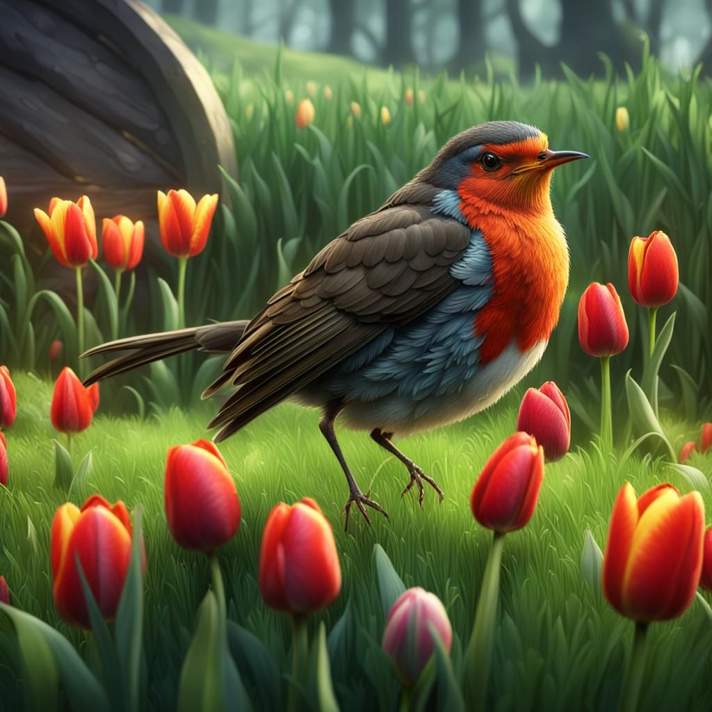 Robin in Spring Grass: Detailed Matte Painting