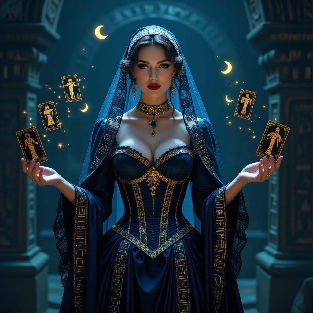 Victorian Oracle in Crypt with Glowing Tarot Cards