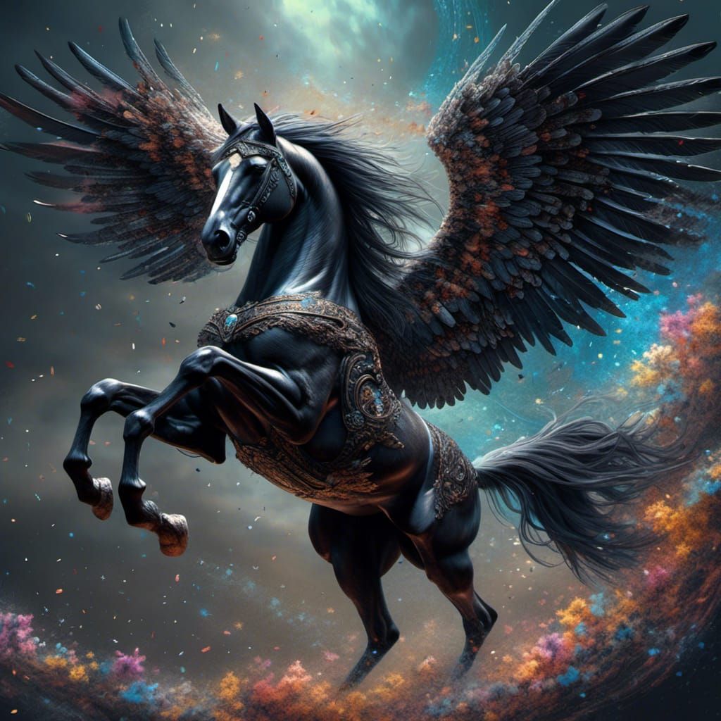 Black Pegasus Portrait in Stylized Fantasy Art
