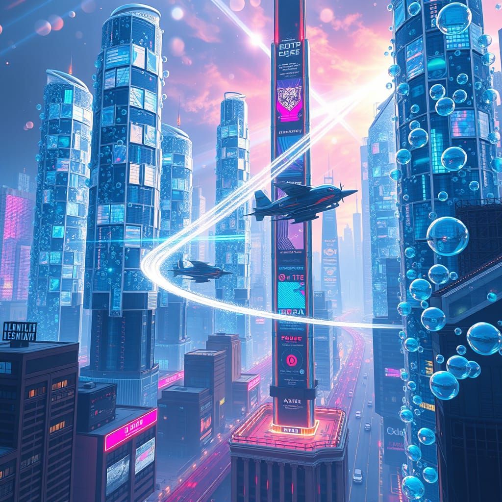 Futuristic Bubble Cityscape with Neon Lights