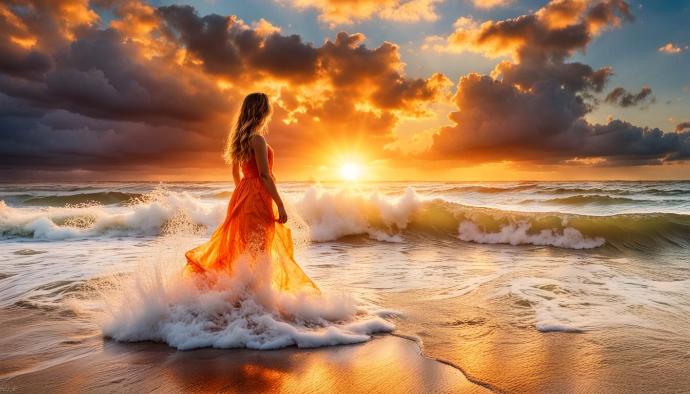 Ocean Wave Girl in Radiant Sunshine, Hyperrealistic Style