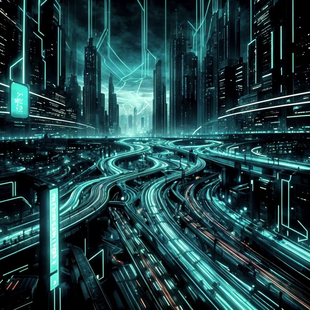 Tron-Style Digital Highways with Neon Turquoise Lights