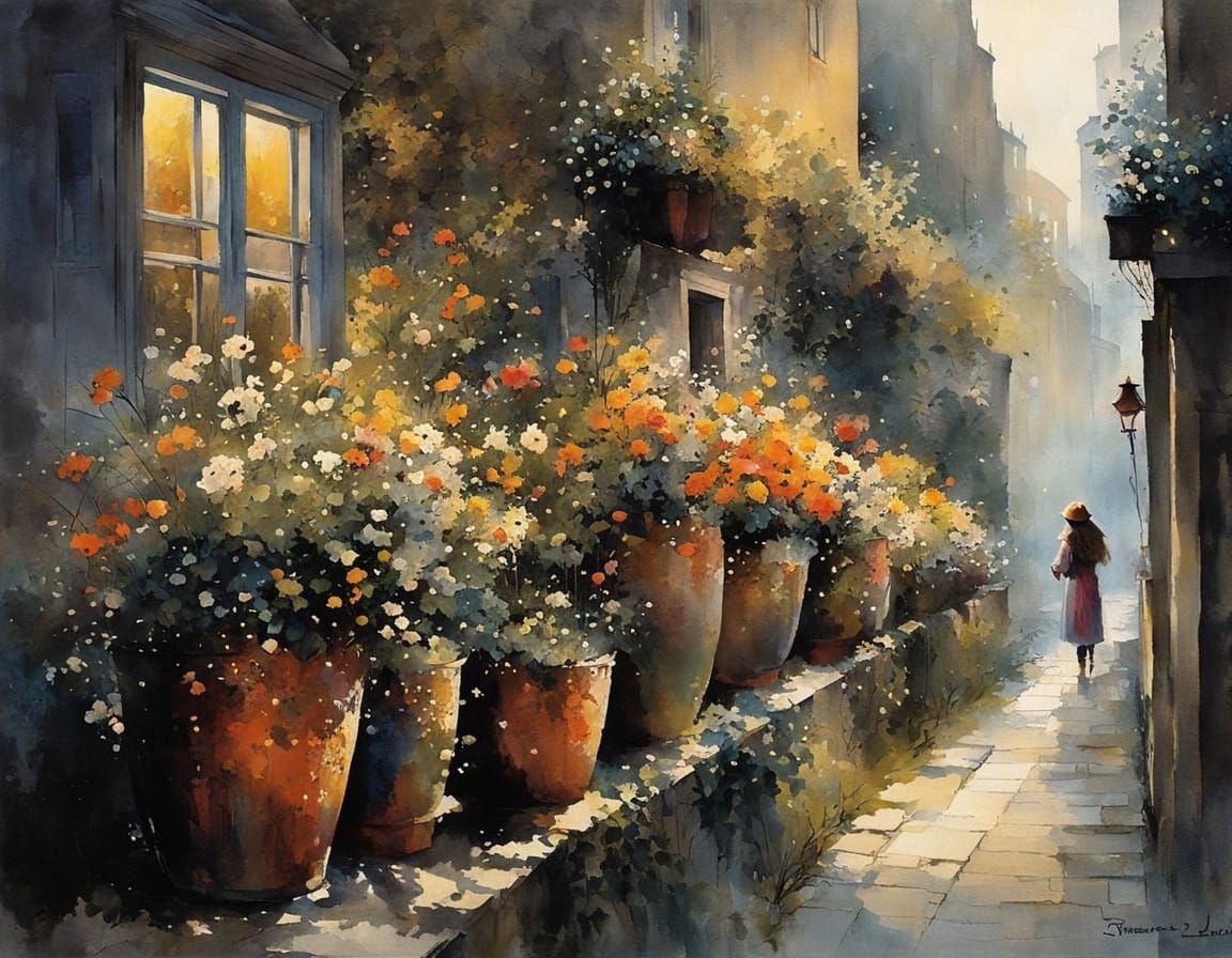 Joyful City Girl Surrounded by Blooming Flowers in Urban Oas...