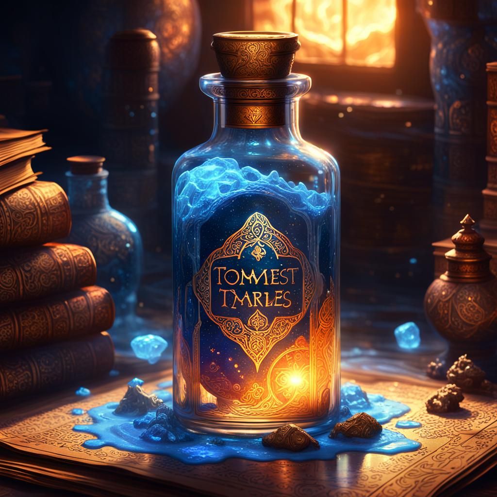 Mystical Bottle with Glowing Liquid: Fantasy Concept Art