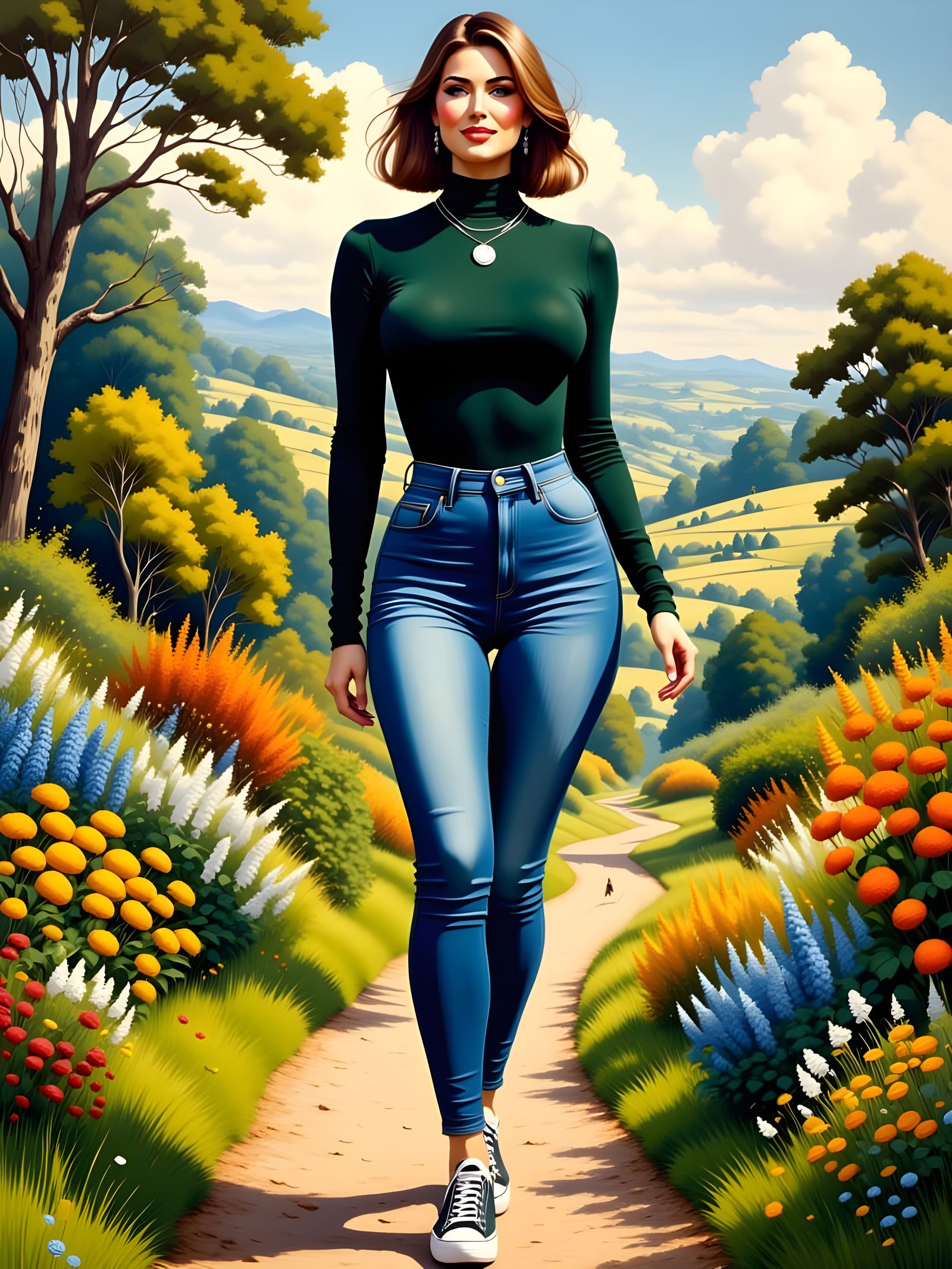 Elegant Woman in Picturesque Landscape, Art Nouveau Style