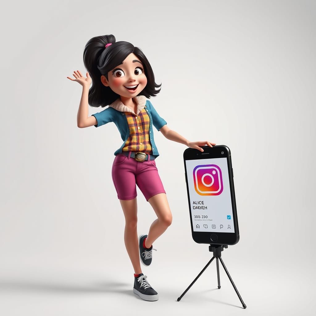Pixar-Style Girl Posing with Giant Instagram Phone