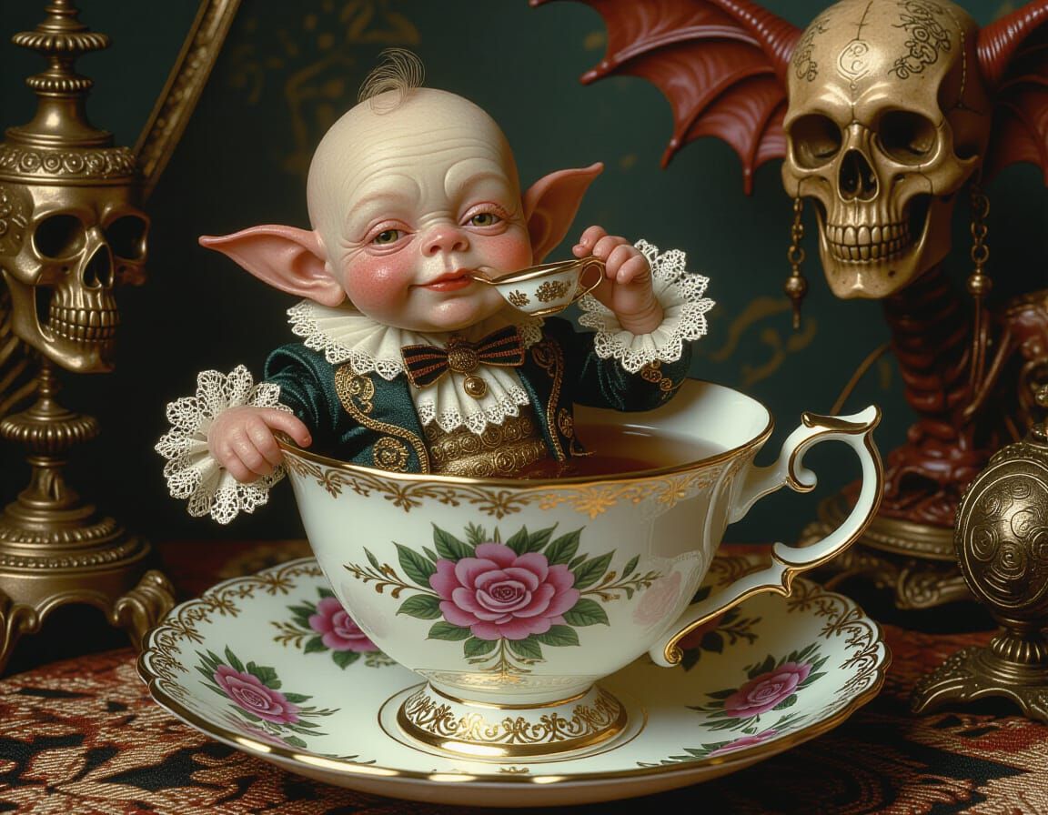 Grotesque Homunculus Sipping Tea in Steampunk Style