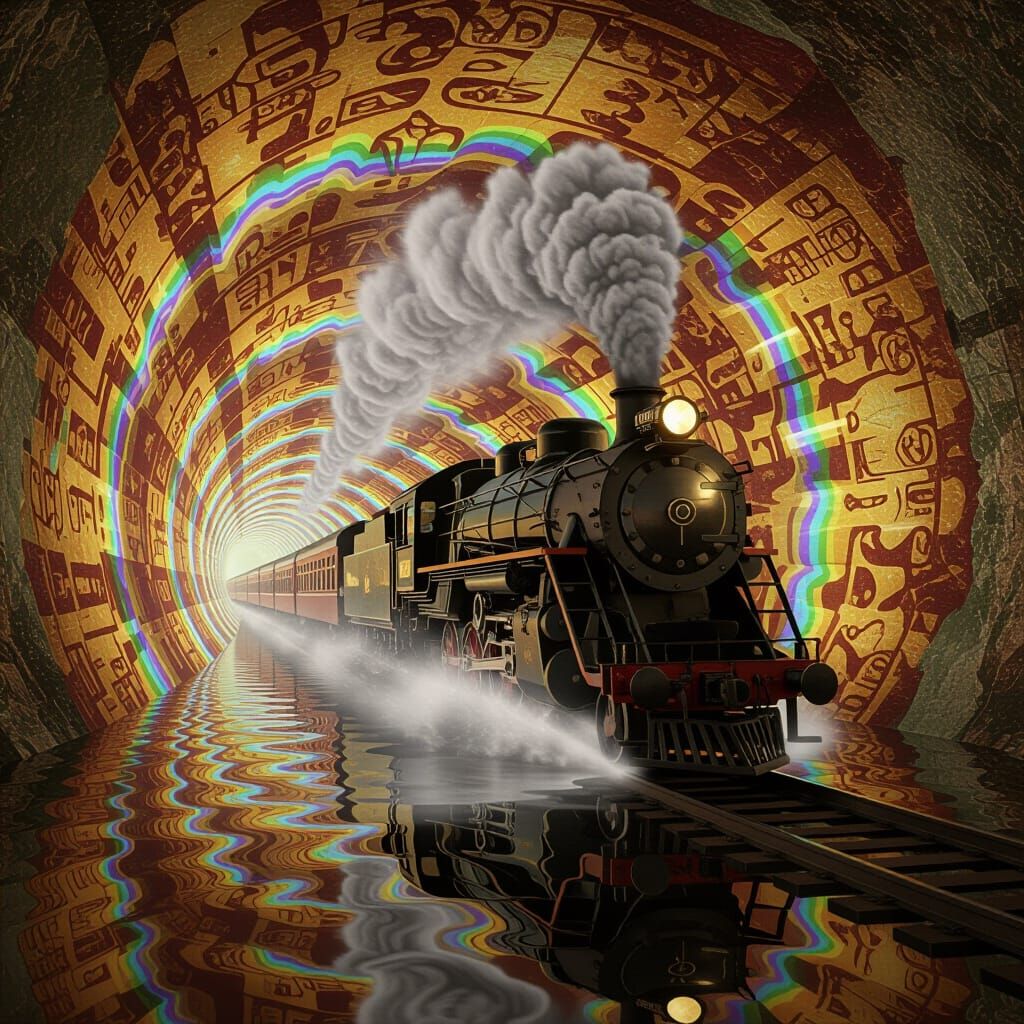 Gilded Train Speeding Through Psychedelic Tribal Fresco