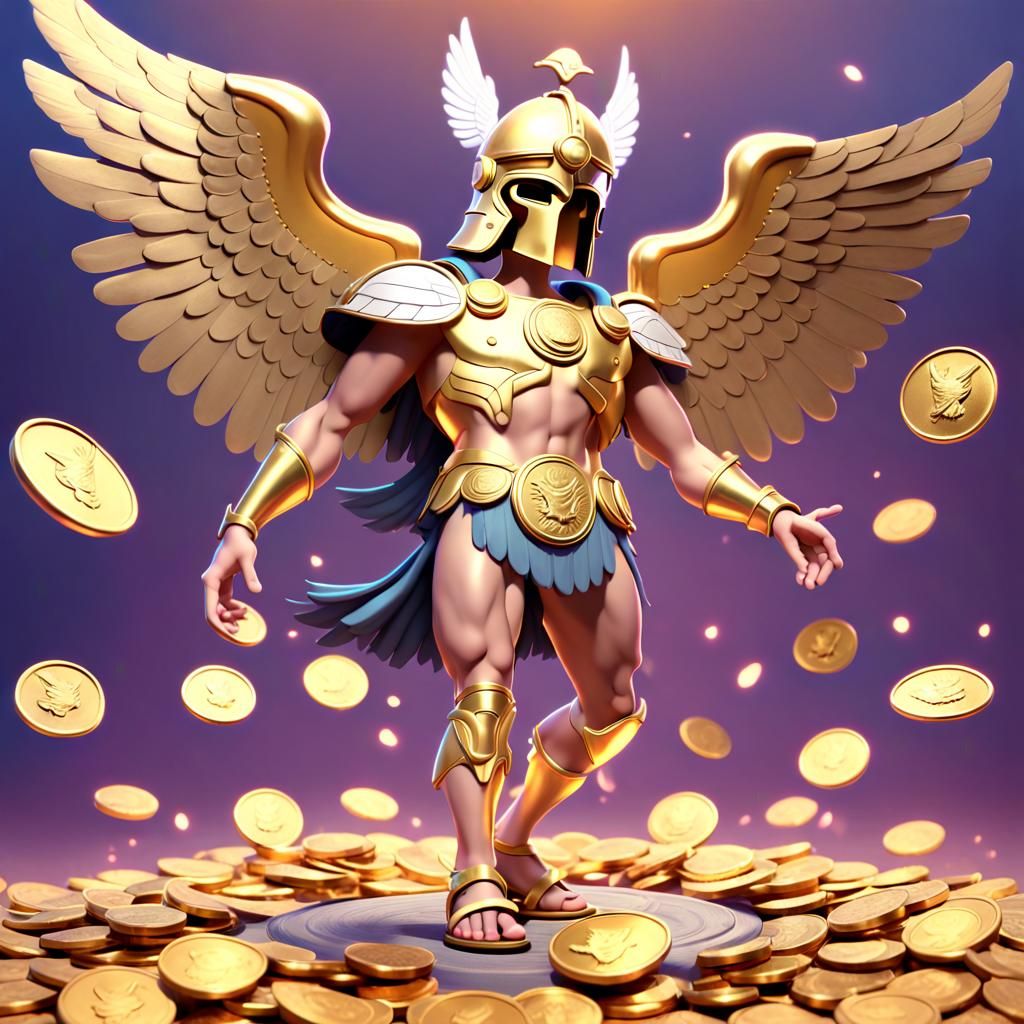 Hermes Surrounded by Gold Coins: Pixar-Style 3D Art