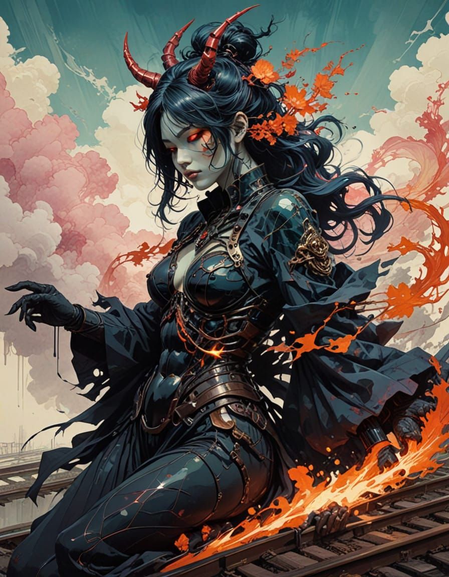 Cyberpunk Oni amidst Vibrant Train Tracks in Whimsical, High...