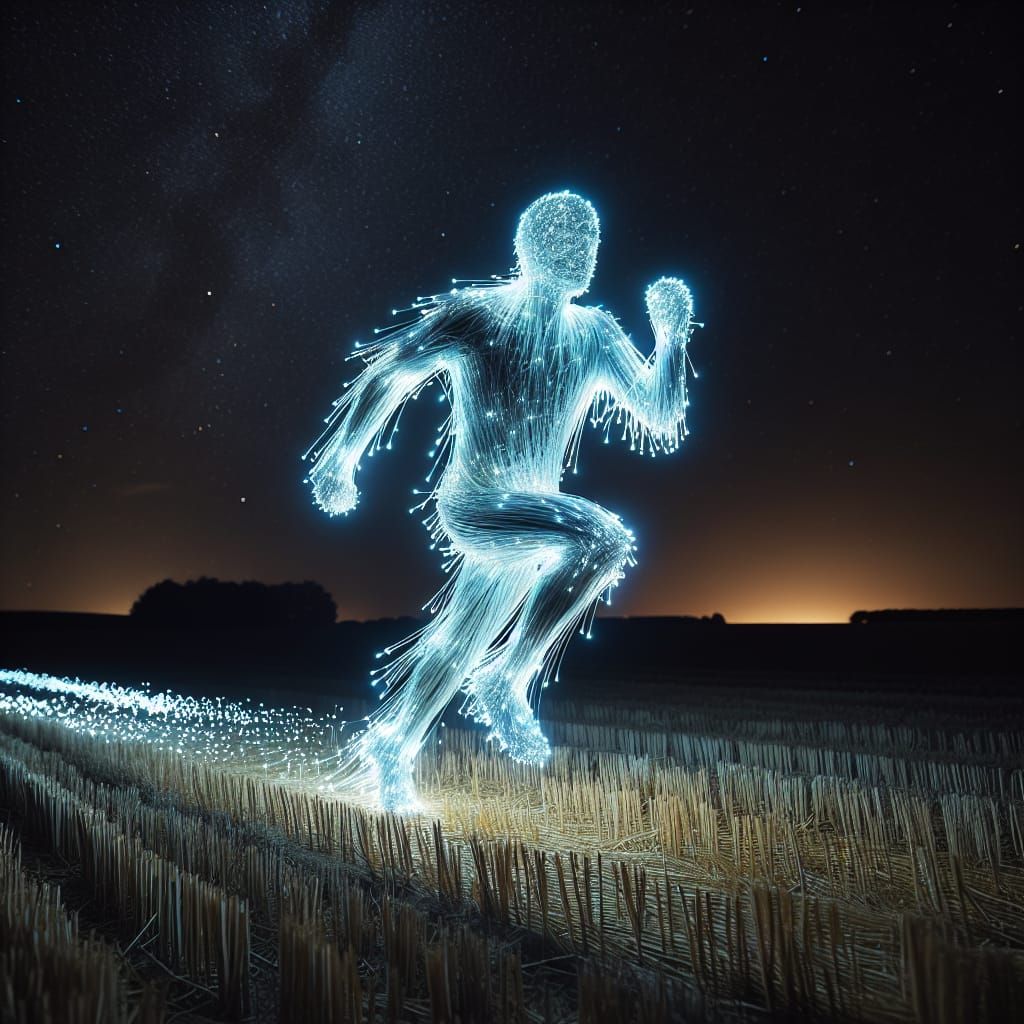 Fiber Optic Man Runs Through Starry Field