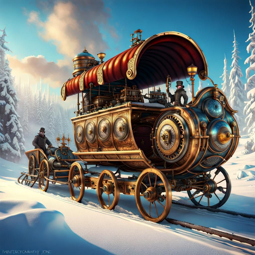 Steampunk Sled in Winter Landscape, Fantasycore Art