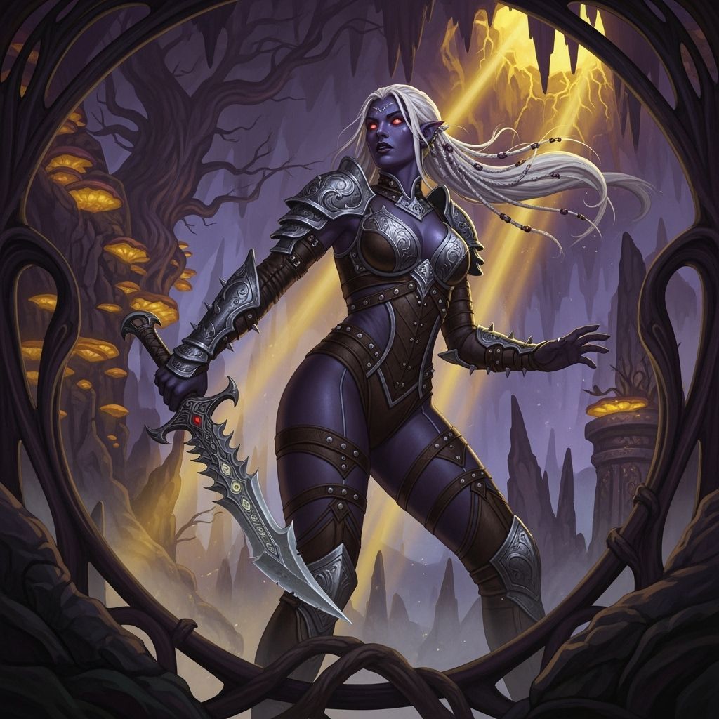 Drow Warrior With Knife in Dark Fantasy Cavern