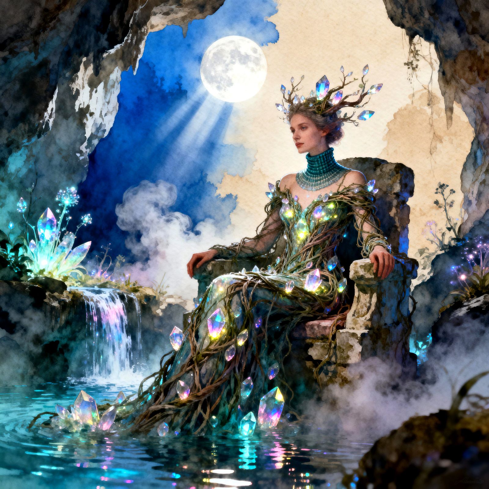 Dryad Queen on Crystal Throne in Bioluminescent Grotto