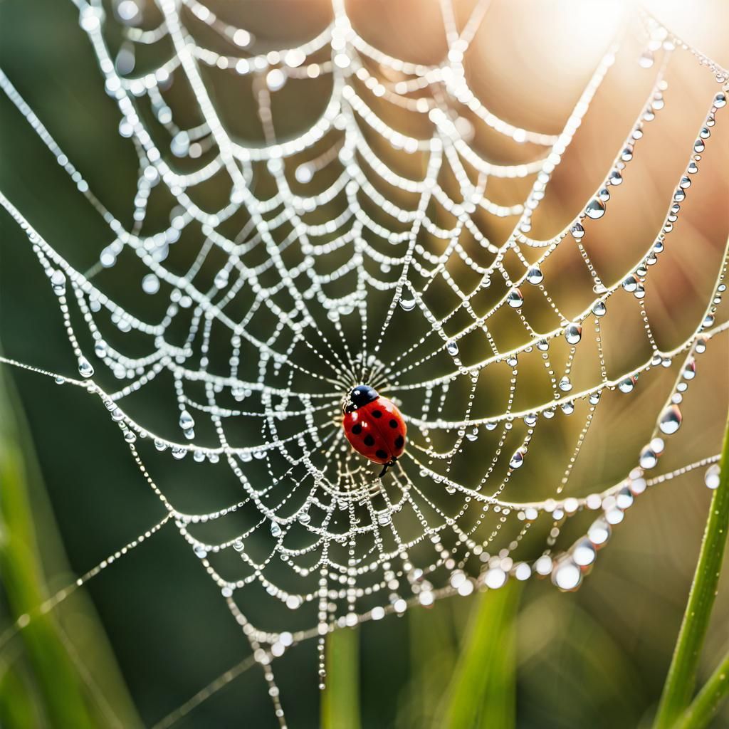 Ladybug Flying Near Dewy Spiderweb in Morning Light
