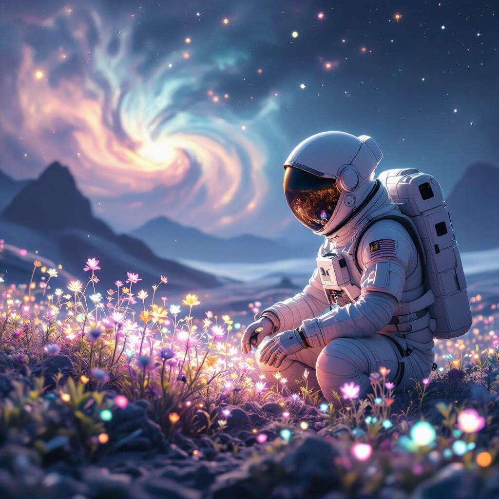 Astronaut Tends Glowing Garden on Serene Exoplanet