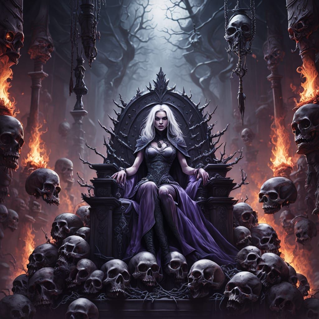 Drow Warrior Queen on Skull Throne, Dark Fantasy Art