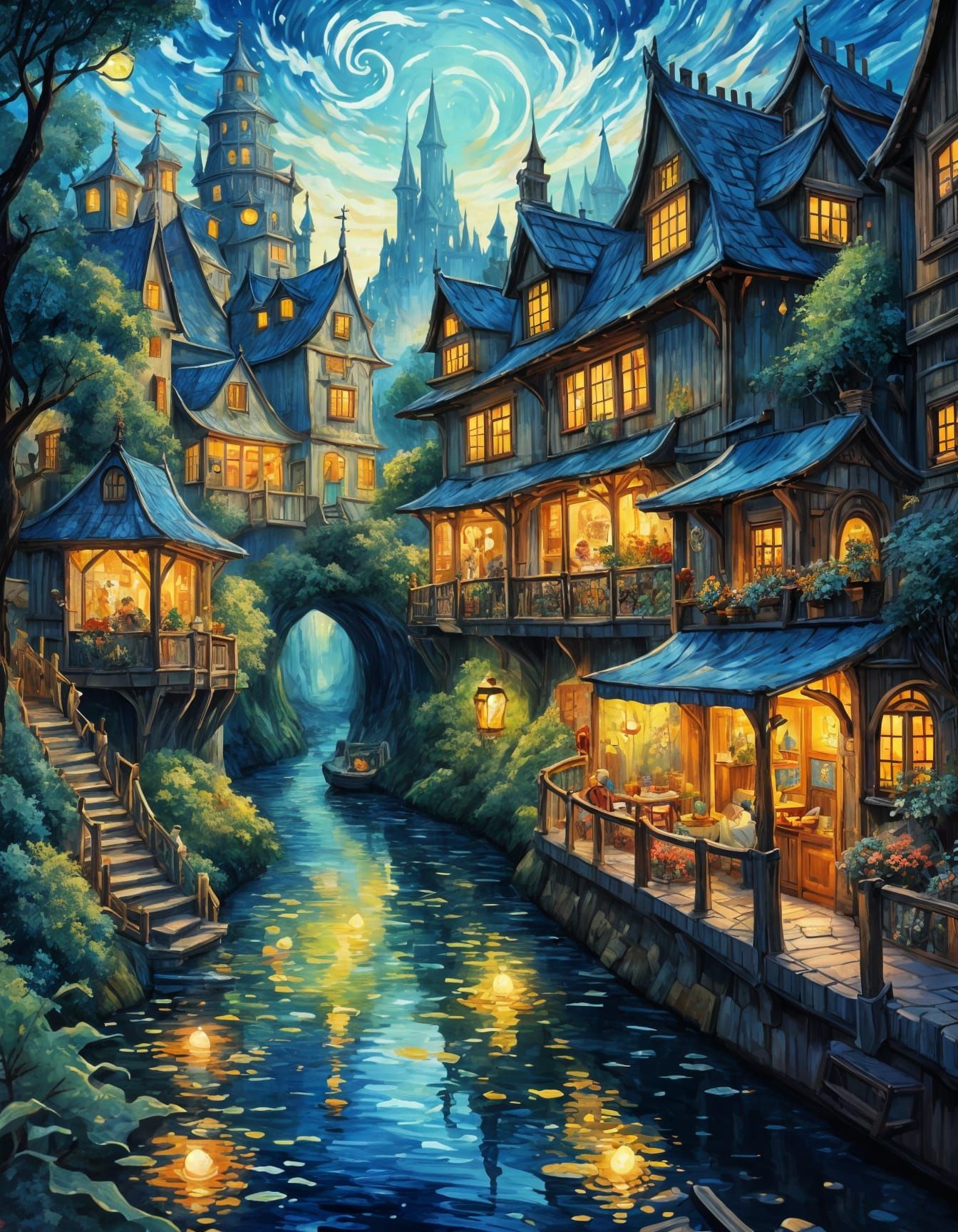 Whimsical Sci-Fi Fantasy Landscape in Van Gogh Style