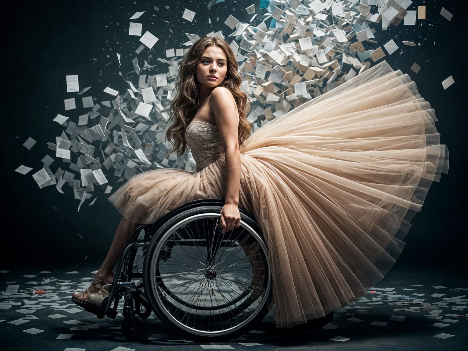 Young Woman in Wheelchair Surrounded by Papercraft Explosion