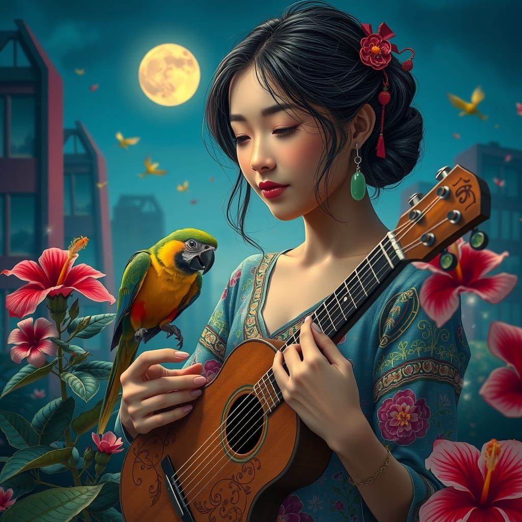 Dreamlike Woman with Parrot in Surreal Cityscape