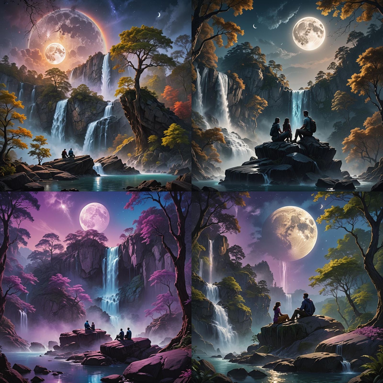 Couple Watching Waterfall Under Moon, Detailed Fantasy Art