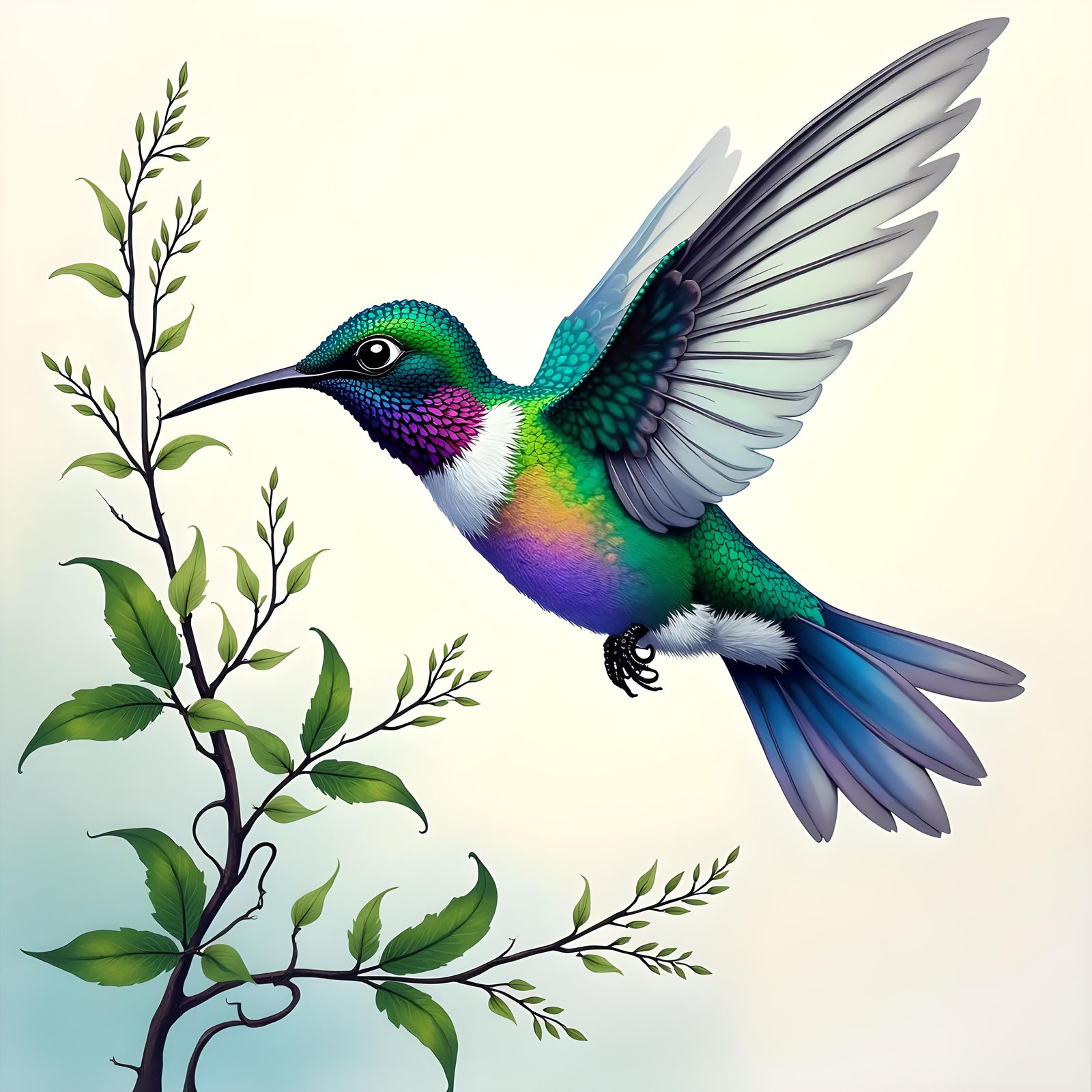 Luminescent Hummingbird in Ink Painting Style