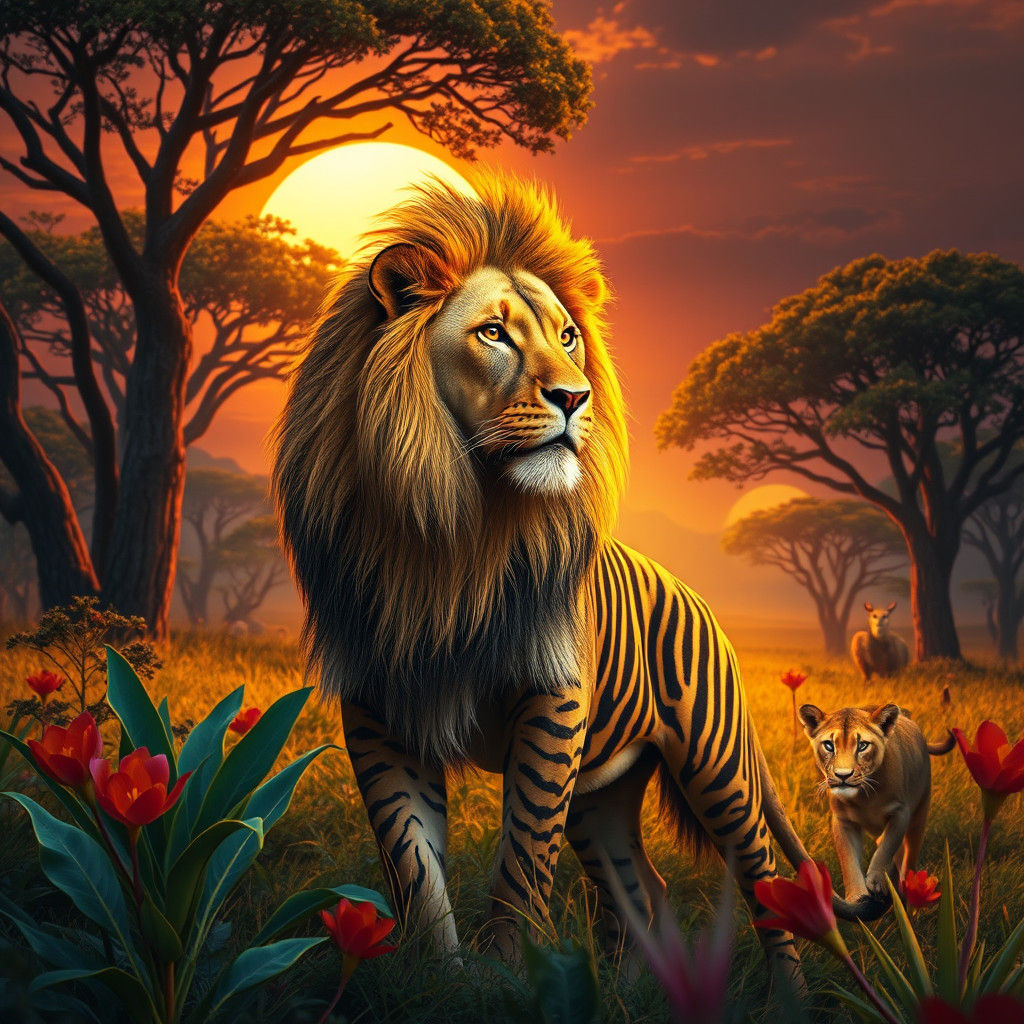 Zebra-Striped Lion in Lush Savannah, Matte Painting