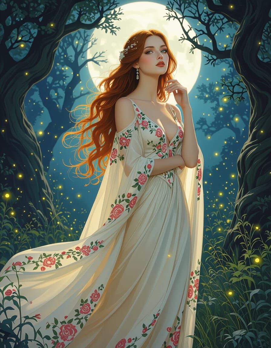 Woman in Moonlit Forest, Waterhouse-Pyle Style