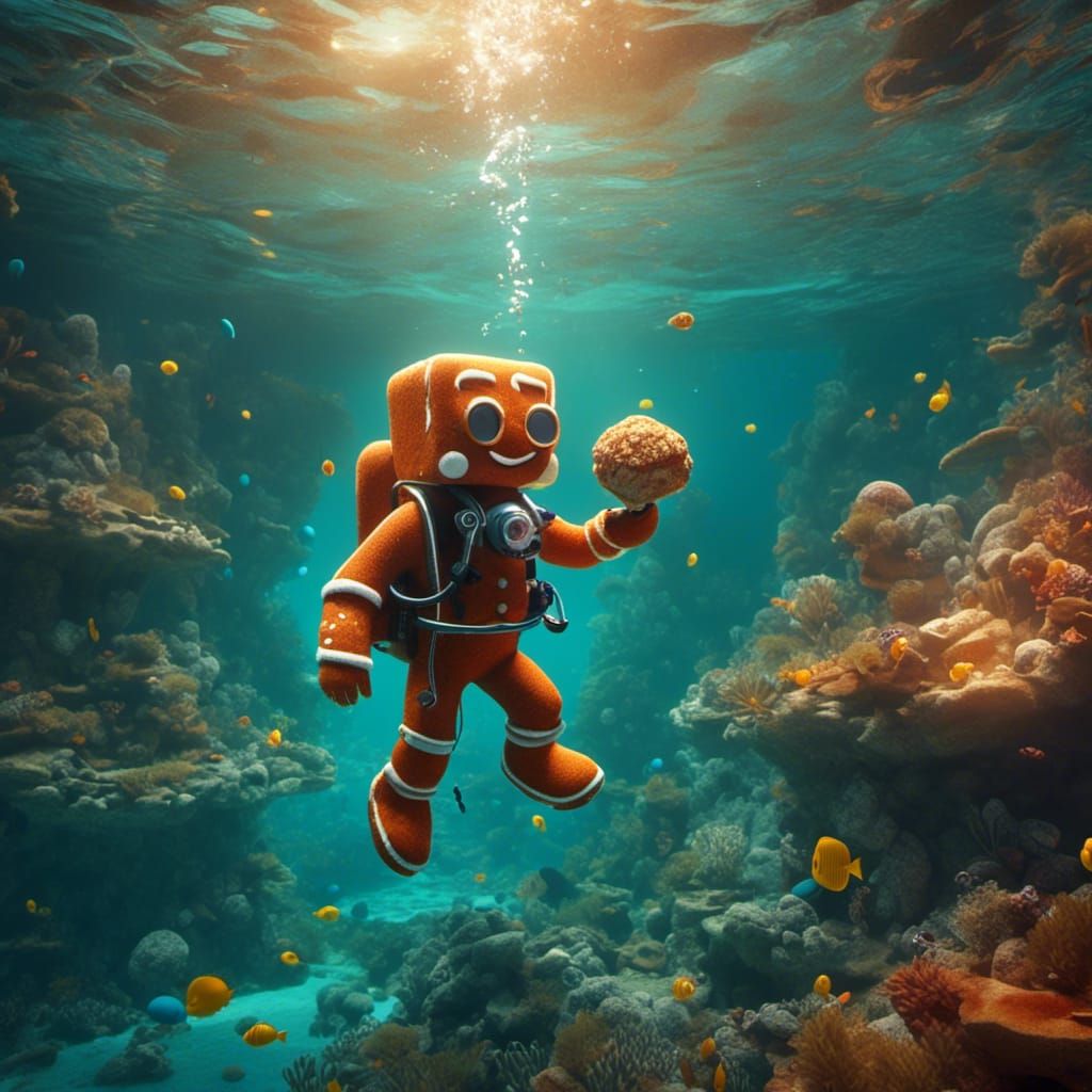 Gingerbread Man Scuba Diving: Pixar-Style 3D Digital Art