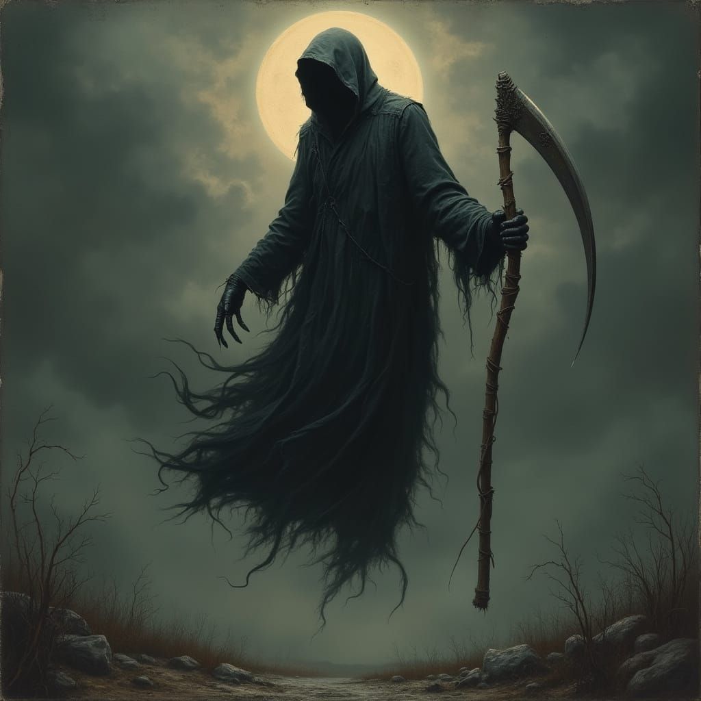 Grim Reaper in Ominous Sky, Engraving Style