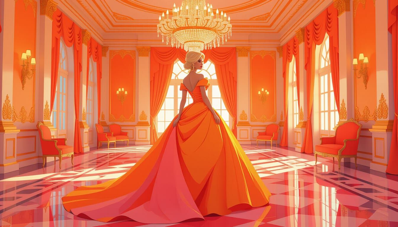 Blonde Woman in Opulent Orange and Pink Ballroom