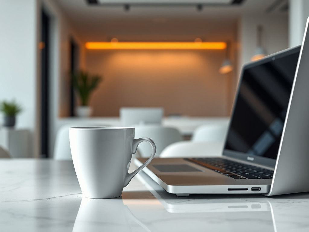 Hyper-Realistic Coffee Cup and Laptop in Futuristic Style