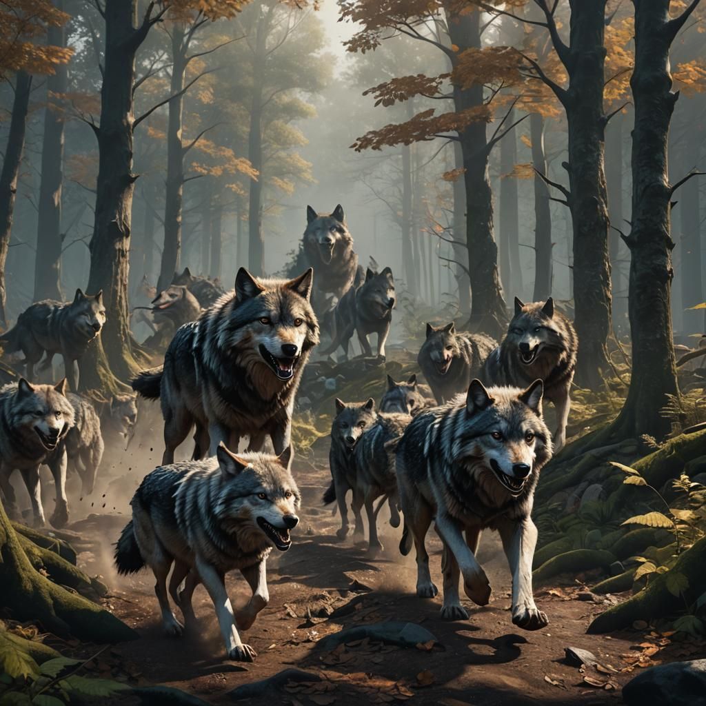 Wolf Pack Running Through Woods: Fantasy Concept Art