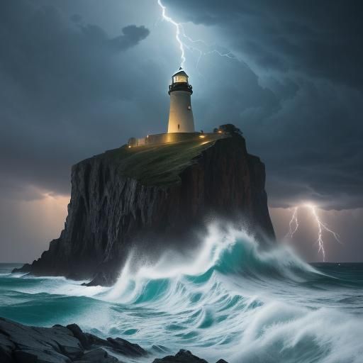 Lighthouse in Stormy Sea Digital Painting