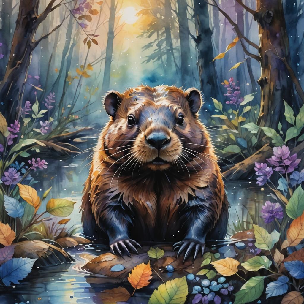 Mystical Beaver Portrait in Watercolor Style