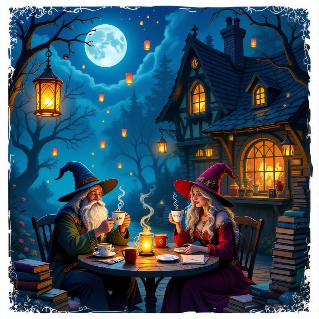 Enchanted Woodland Cafe with Mystical Creatures and Floating...