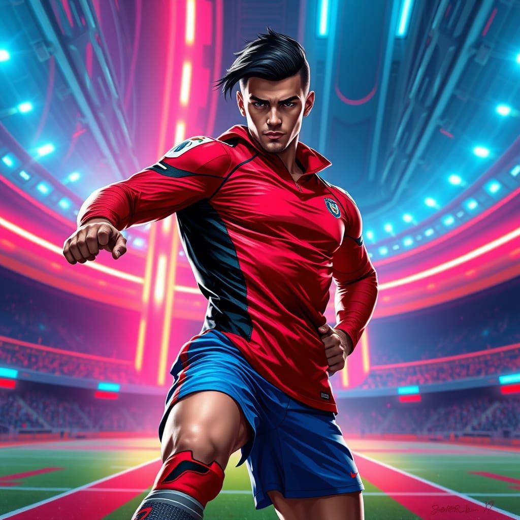 Galactic Futboller in Neon-Lit Stadium
