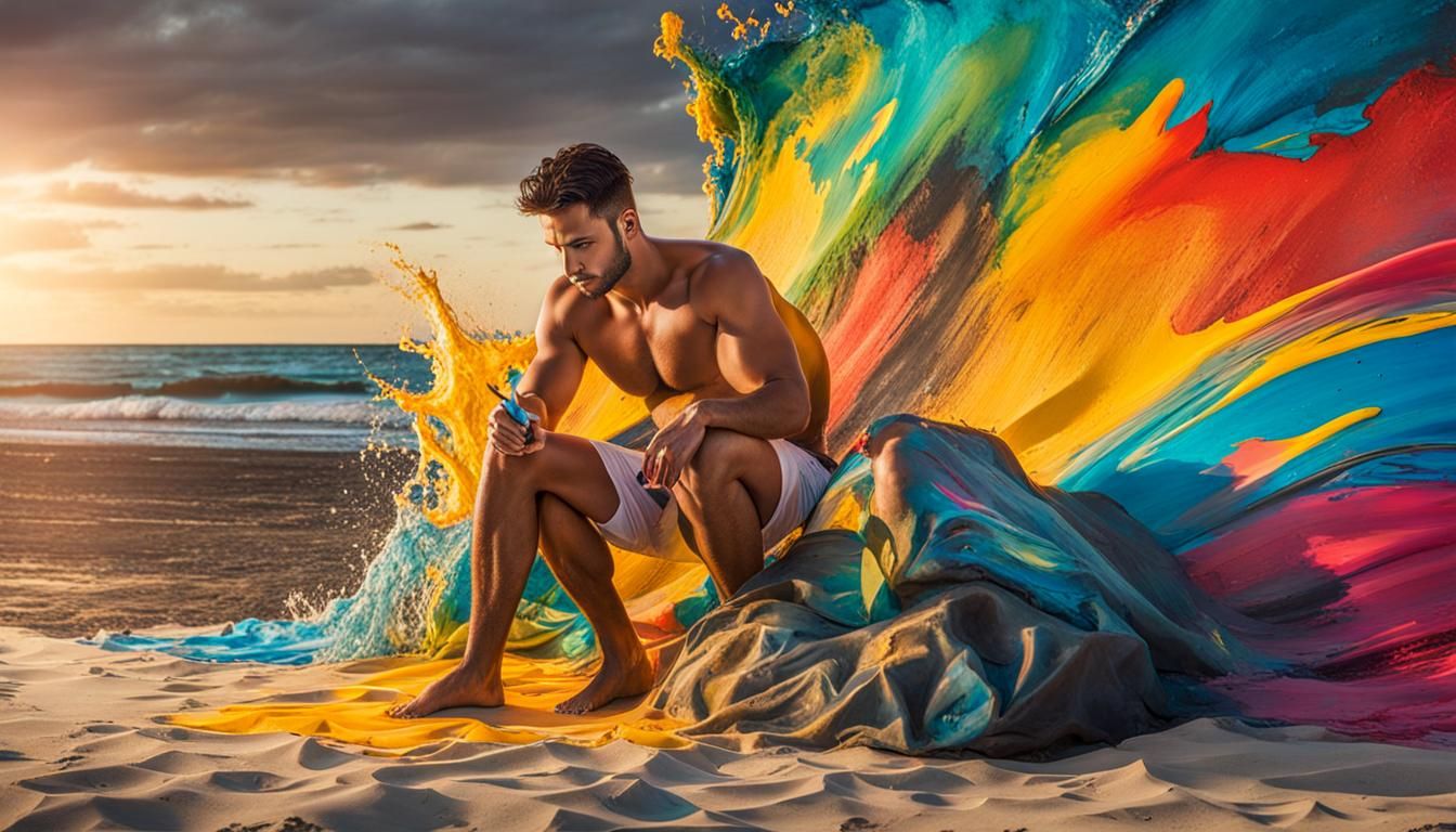 Nude Man Posing on Beach in Abstract Painting