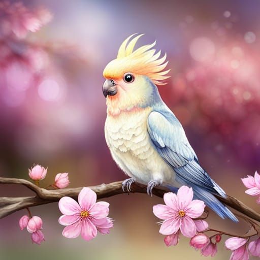 Cockatiel in Flowered Cherry Blossom Tree Watercolor