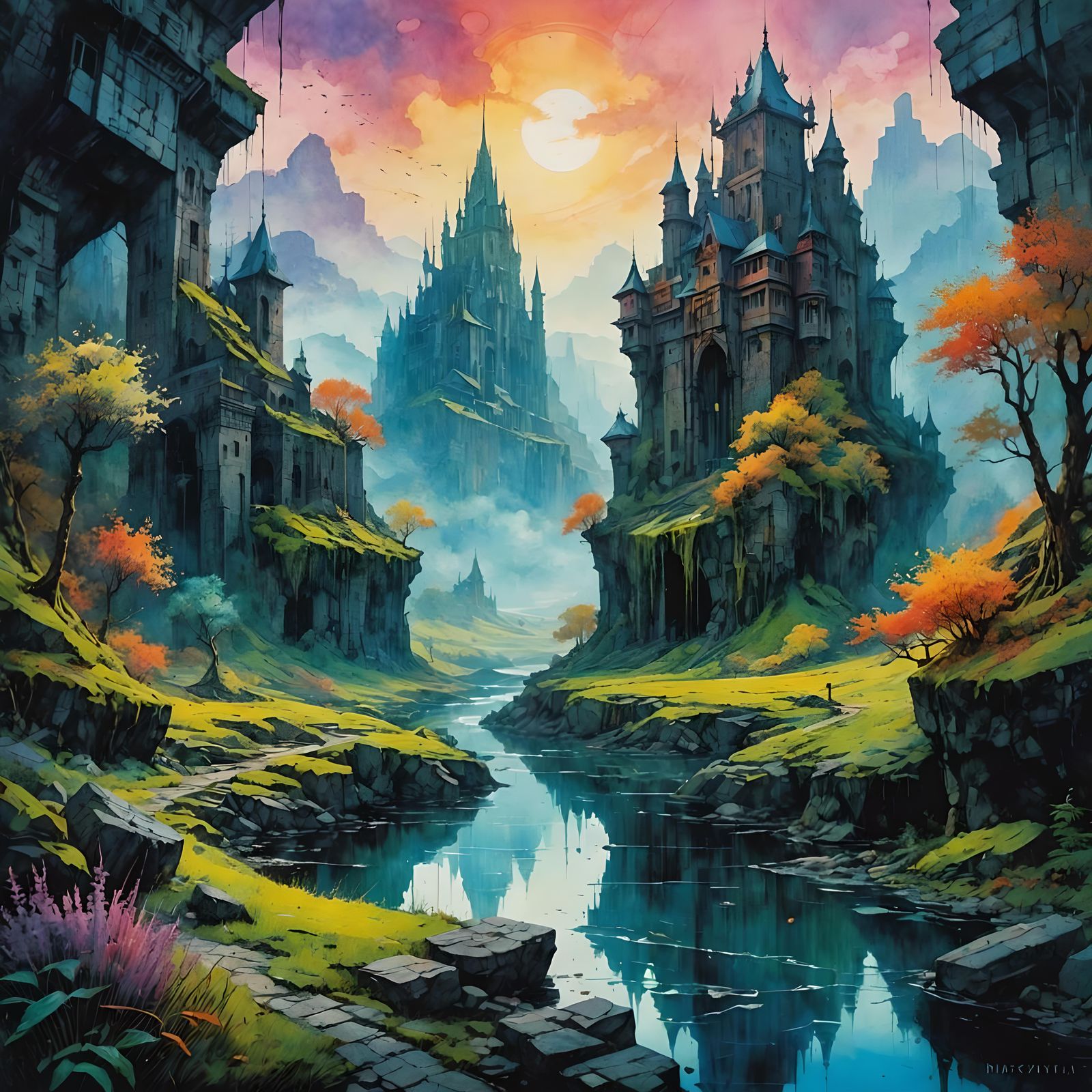 Vibrant Fantasy Watercolor Landscape with Magic