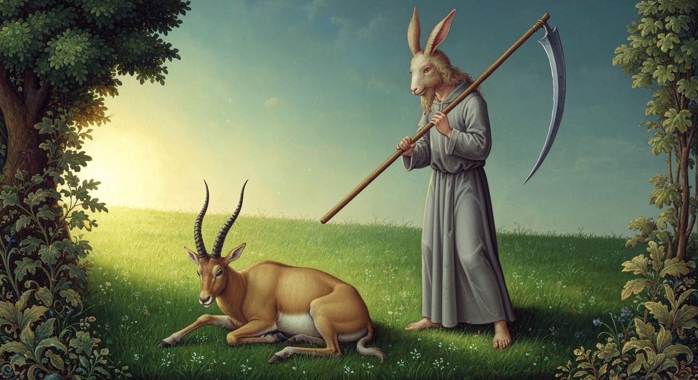 Medieval Goat-Rabbit Figure with Scythe in Ethereal Glow