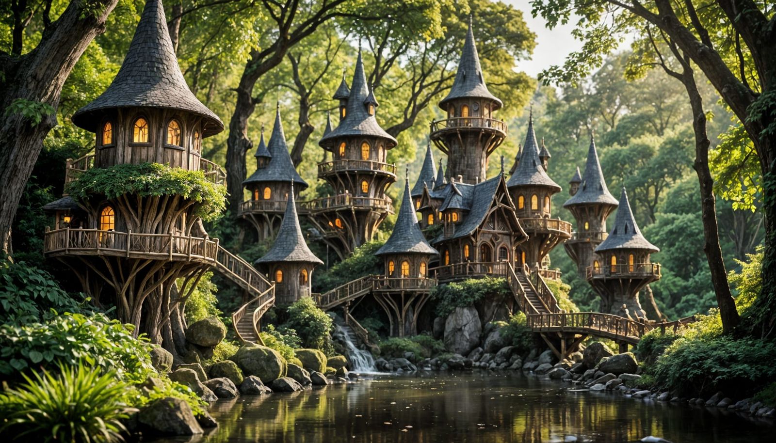 Whimsical Elven Villages Amidst an Enchanted Forest