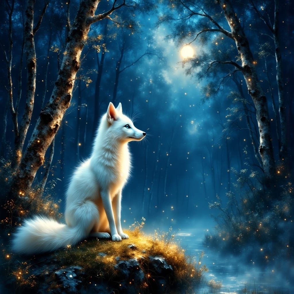 Magical White Fox in Mystical Nighttime Forest
