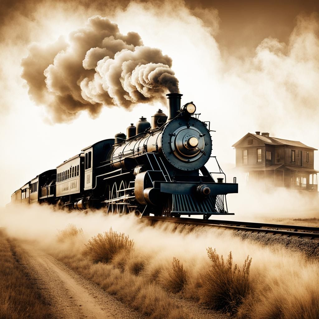 Wild West Steam Train Sepia Watercolour Double Exposure