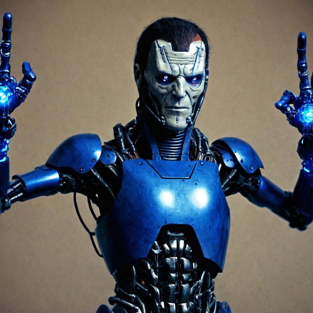 Cyborg Mech Portrait with Gun Arms in Cyberpunk Style